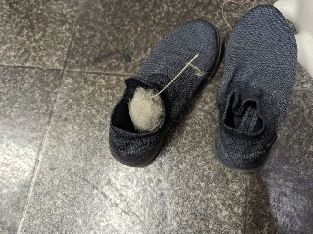 靴に詰められたネズミのおもちゃ